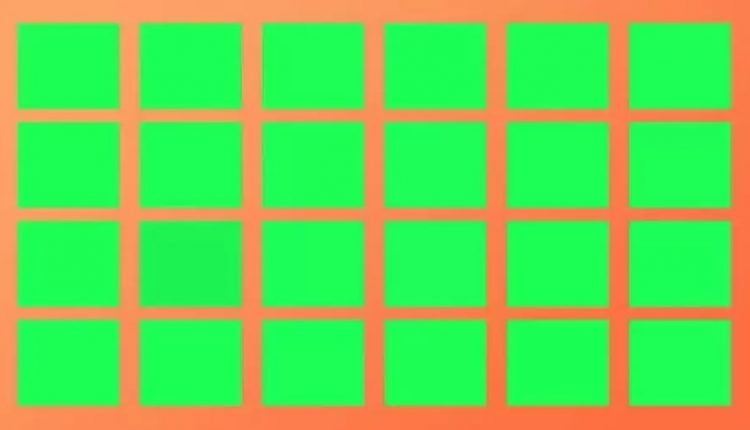 Imagem de um teste de QI visual com vários quadrados verdes e um único quadrado de cor diferente em um fundo laranja.