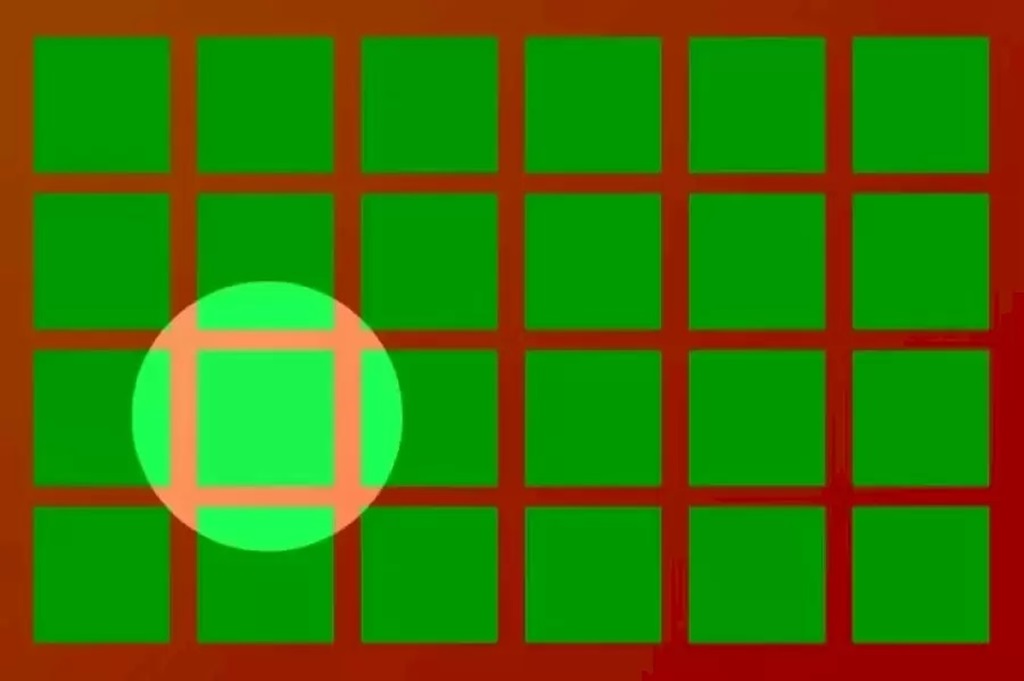 Solução para a imagem de um teste de QI visual com vários quadrados verdes e um único quadrado de cor diferente em um fundo laranja.
