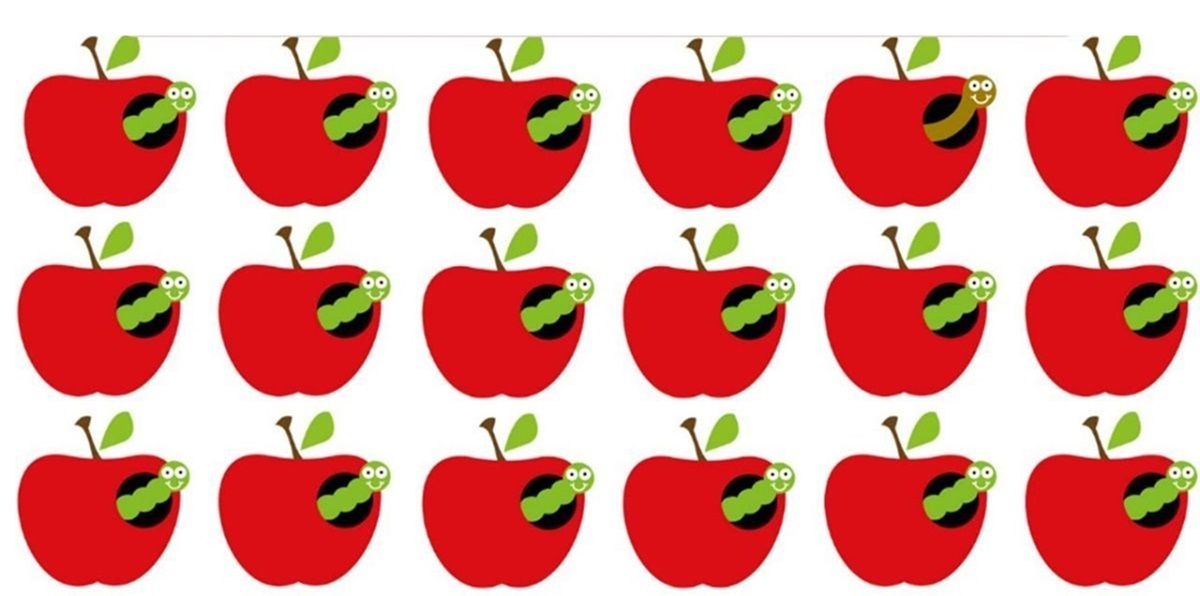 Teste visual com várias maçãs vermelhas e uma com detalhe fora do padrão