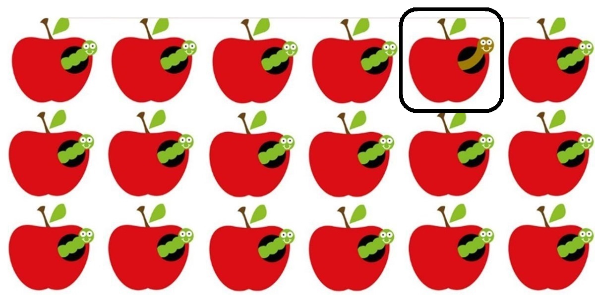 Solução do teste de percepção com várias maçãs vermelhas e uma com detalhe fora do padrão