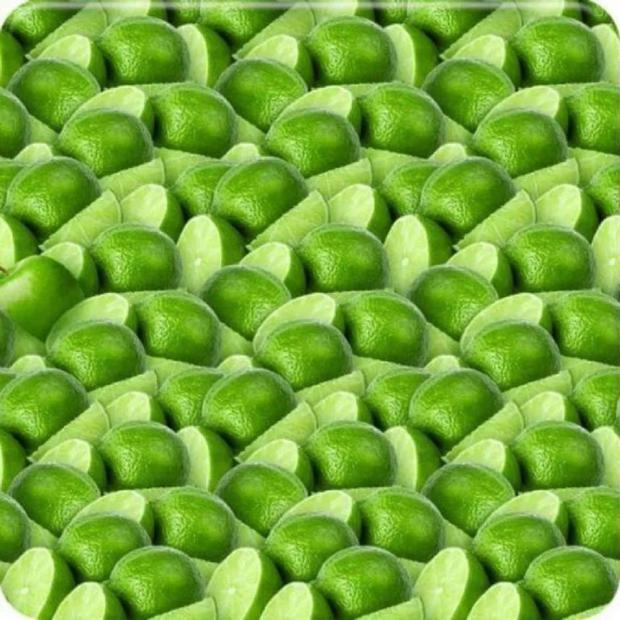 Teste de QI com vários limões verdes cortados ao meio e uma maçã camuflada entre eles.