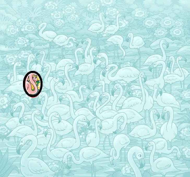 Solução para a ilustração de um grupo de flamingos cor-de-rosa em um lago cercado por flores amarelas. O teste visual é encontrar a menina escondida entre os pássaros