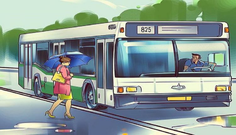 Teste visual com uma mulher com guarda-chuva se aproximando de um ônibus enquanto um motorista observa.