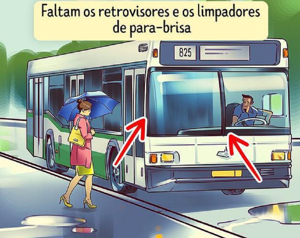 Mulher com guarda-chuva se aproximando de um ônibus enquanto um motorista observa. Solução!
