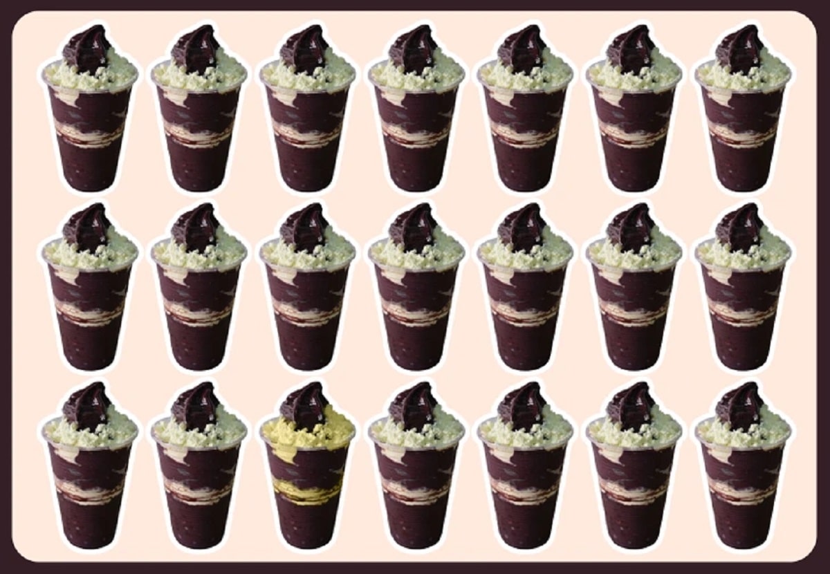 Teste visual encontrado o copo de açaí diferente entre os 20 da imagem