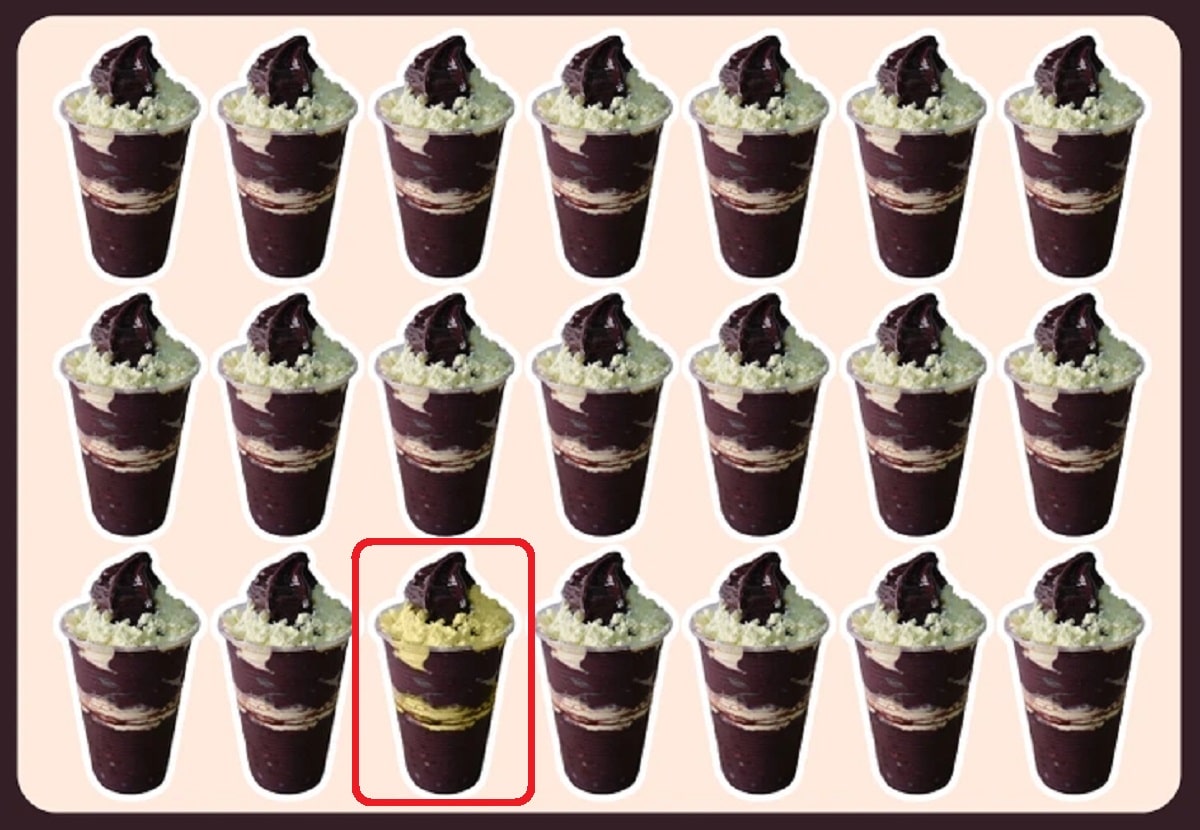 Teste visual encontrado o copo de açaí diferente entre os 20 da imagem