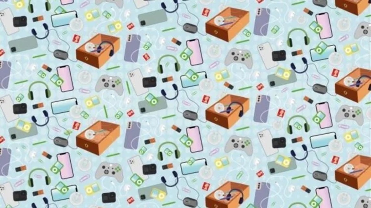 Teste visual com um desenho cheio de objetos tecnológicos espalhados, incluindo celulares, fones, controles e caixas.
