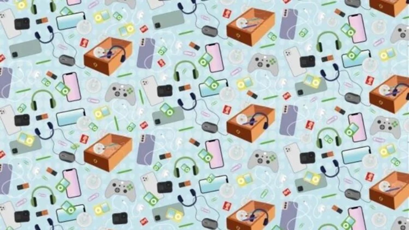 Teste visual com um desenho cheio de objetos tecnológicos espalhados, incluindo celulares, fones, controles e caixas.