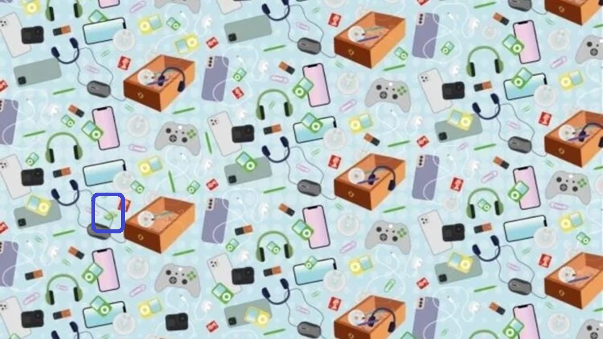 Teste visual com um desenho cheio de objetos tecnológicos espalhados, incluindo celulares, fones, controles e caixas.