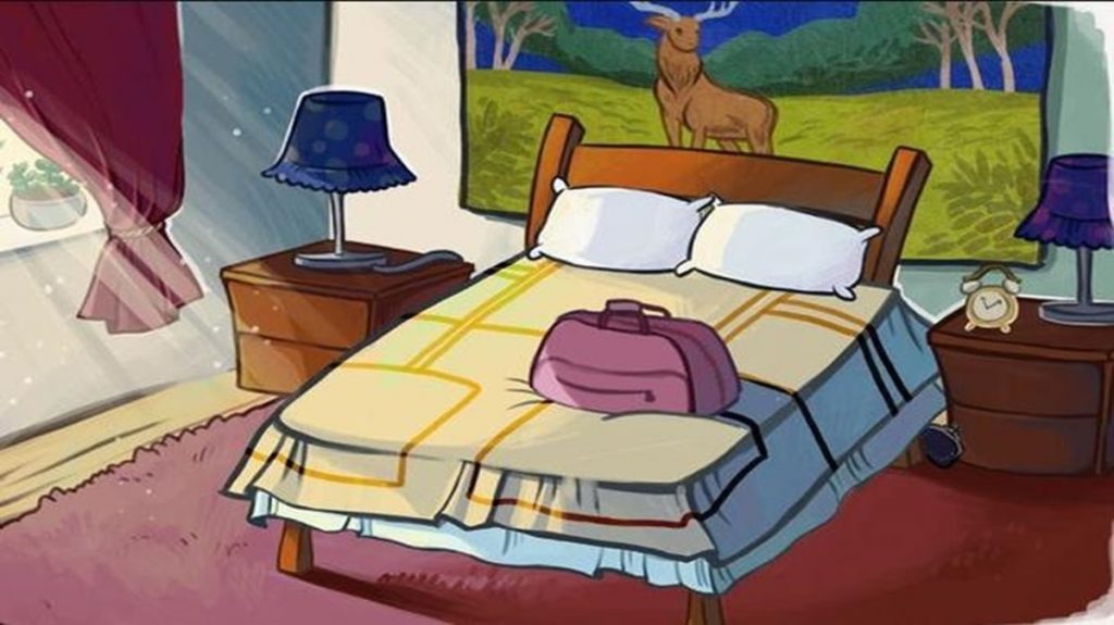 Quarto ilustrado com cama, criados-mudos e objeto escondido
