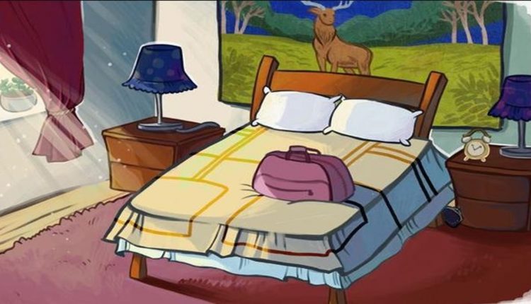 Teste visual de um quarto ilustrado com cama, criados-mudos e objeto escondido