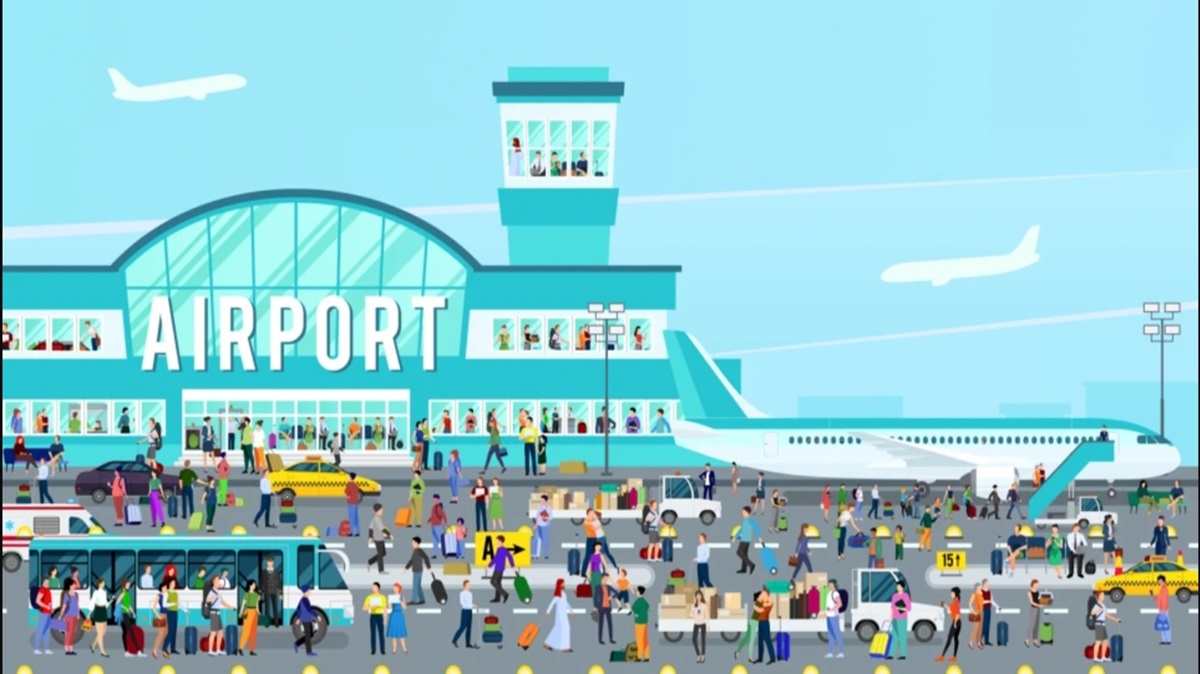Você consegue encontrar o piloto nessa imagem? Teste visual com uma cena ilustrada de aeroporto movimentado com passageiros, aviões, ônibus e taxistas.