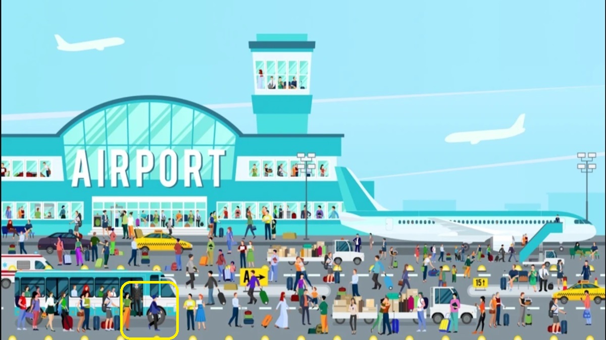 Teste visual com uma cena ilustrada de aeroporto movimentado com passageiros, aviões, ônibus e taxistas.
