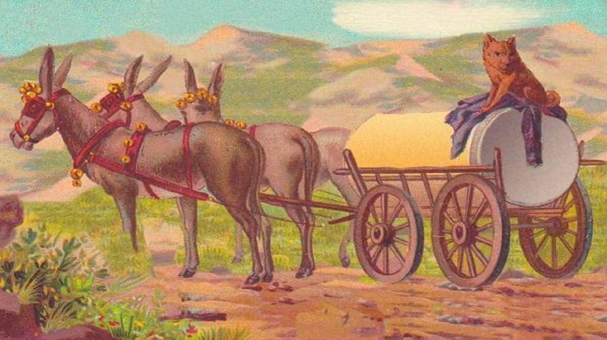 Teste visual com uma imagem de um cachorro sobre tambor em carroça puxada por burros em cenário de montanhas