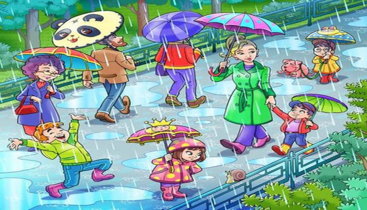Teste visual com uma ilustração colorida de pessoas caminhando na chuva com guarda-chuvas variados, incluindo uma pessoa com guarda-chuva de panda, com várias poças d'água no chão.