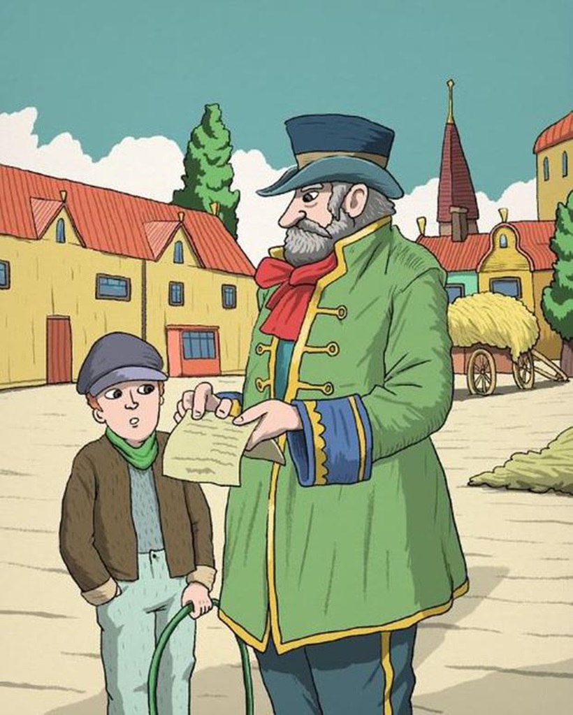 Ilustração de um homem com uniforme antigo segurando um papel enquanto conversa com um menino em uma vila