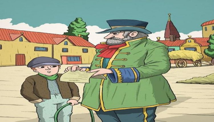 Teste Visual com uma ilustração de um homem com uniforme antigo segurando um papel enquanto conversa com um menino em uma vila