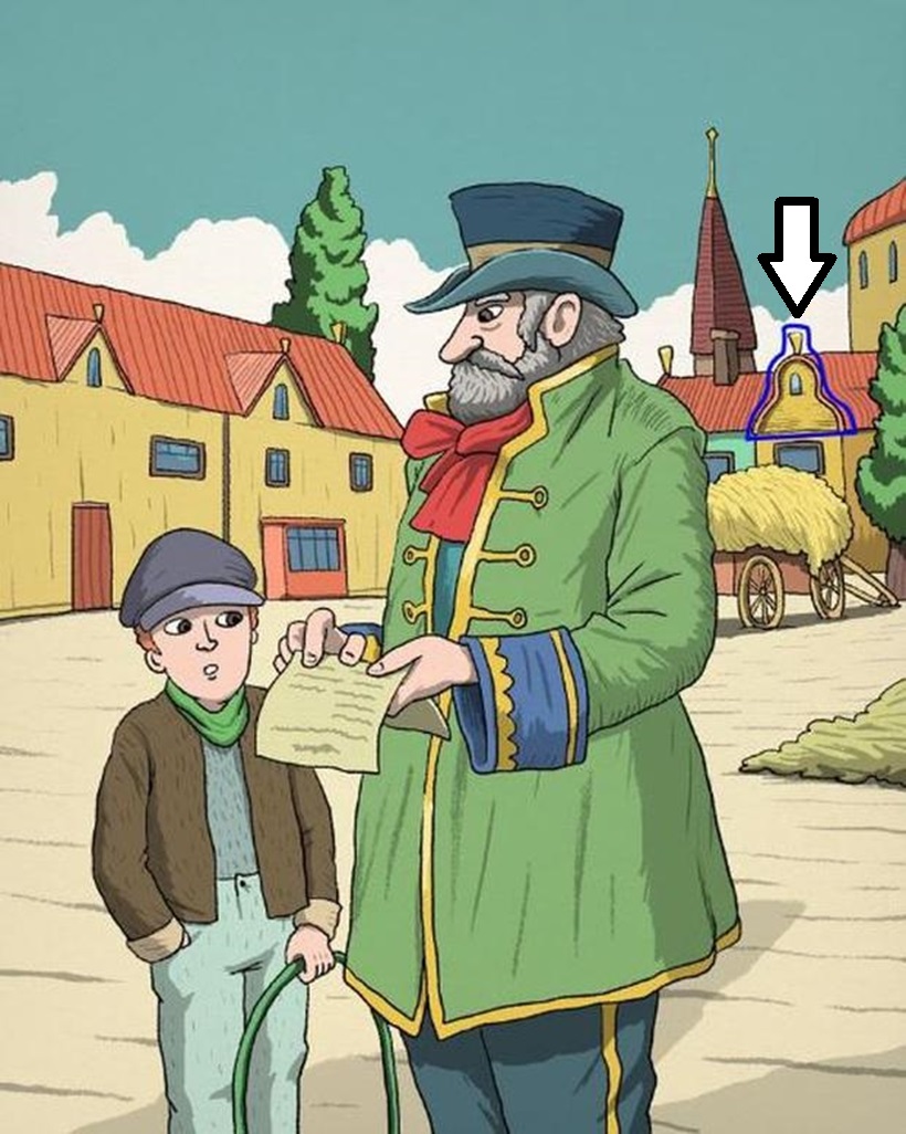 Solução do teste Visual com uma ilustração de um homem com uniforme antigo segurando um papel enquanto conversa com um menino em uma vila