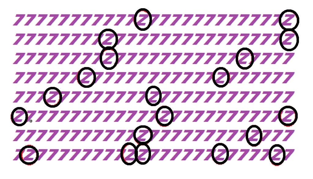 Solução do teste visual com uma série de números 7 dispostos em linhas diagonais, com a letra Z ocasionalmente intercalada entre eles.
