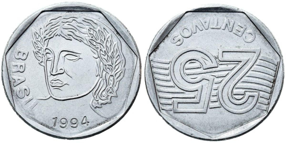 Moeda de 25 centavos de 1994 com possível reverso invertido, item raro para colecionadores