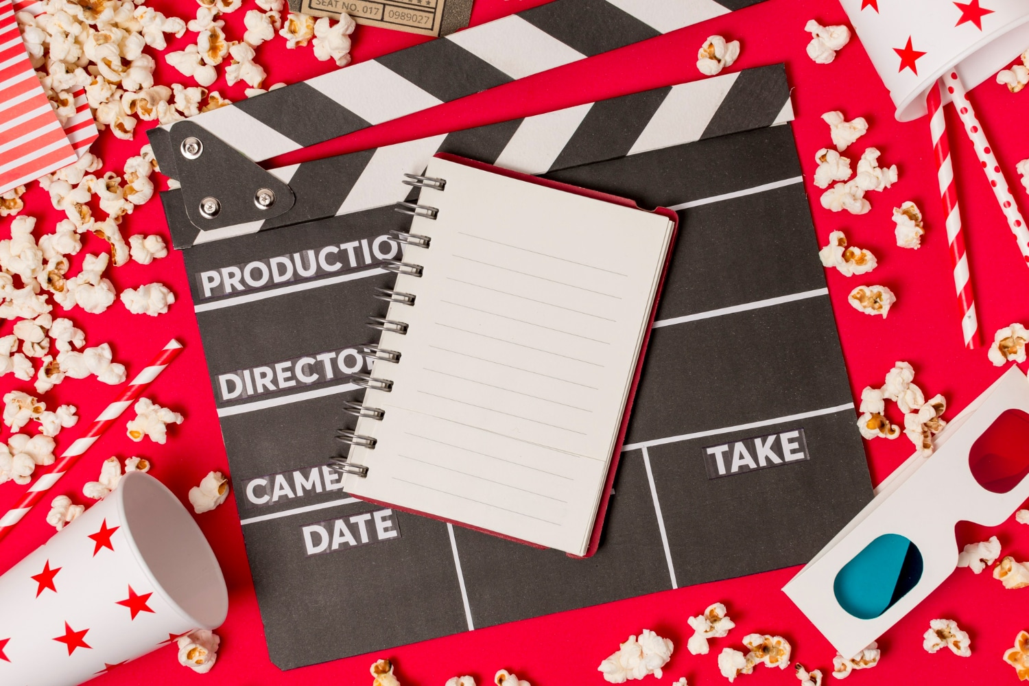 Cenário de filme com claquete, pipoca, copo e óculos 3D, simbolizando o uso de filmes para estudar História para o Enem.