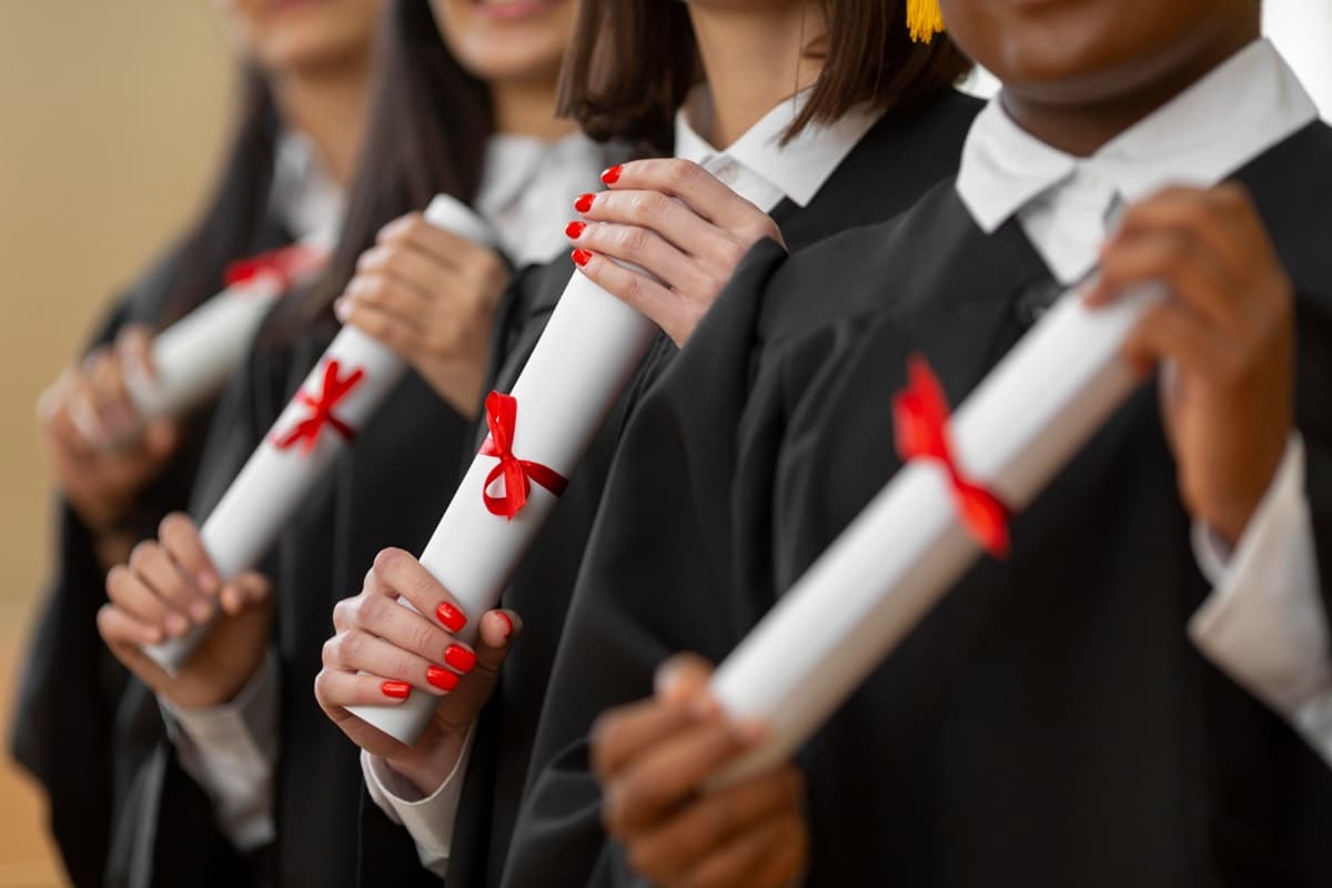 Grupo de formandos sorrindo e segurando seus diplomas de graduação.