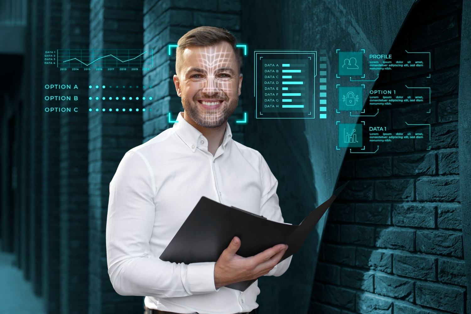 Profissional sorrindo com gráficos digitais e dados, ilustrando a profissão de especialista em dados.