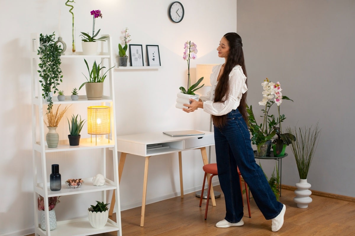 Imagem de uma pessoa organizando plantas em uma prateleira, simbolizando o cuidado com o ambiente ao redor.