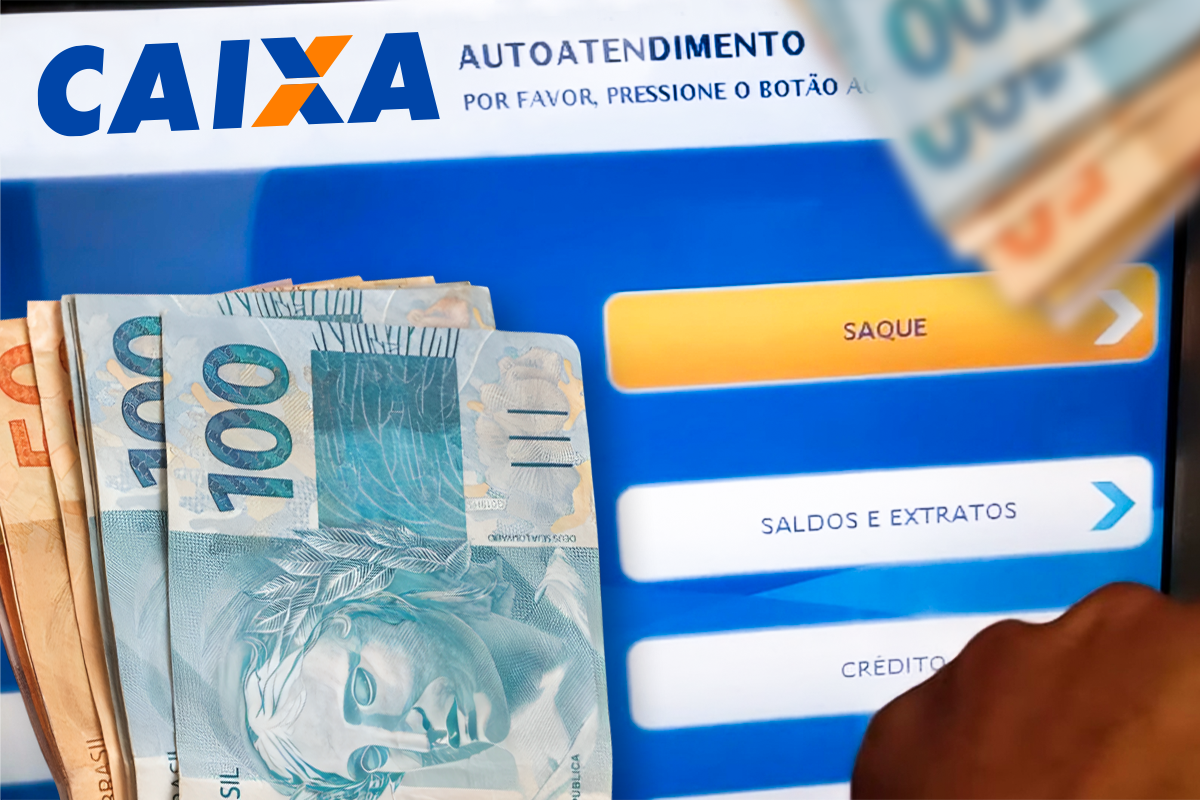 Tela de caixa eletrônico da CAIXA com cédulas de R$100 e R$50 visíveis, destacando as opções de saque e consulta de extratos.