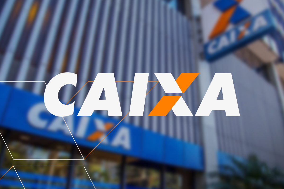 Logotipo da Caixa Econômica Federal em frente a um prédio bancário.