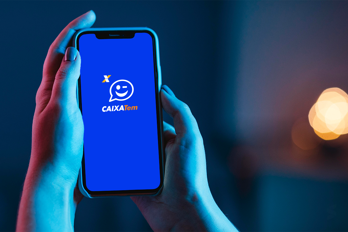Tela inicial do aplicativo Caixa Tem, com logo da Caixa Econômica Federal, em um smartphone.