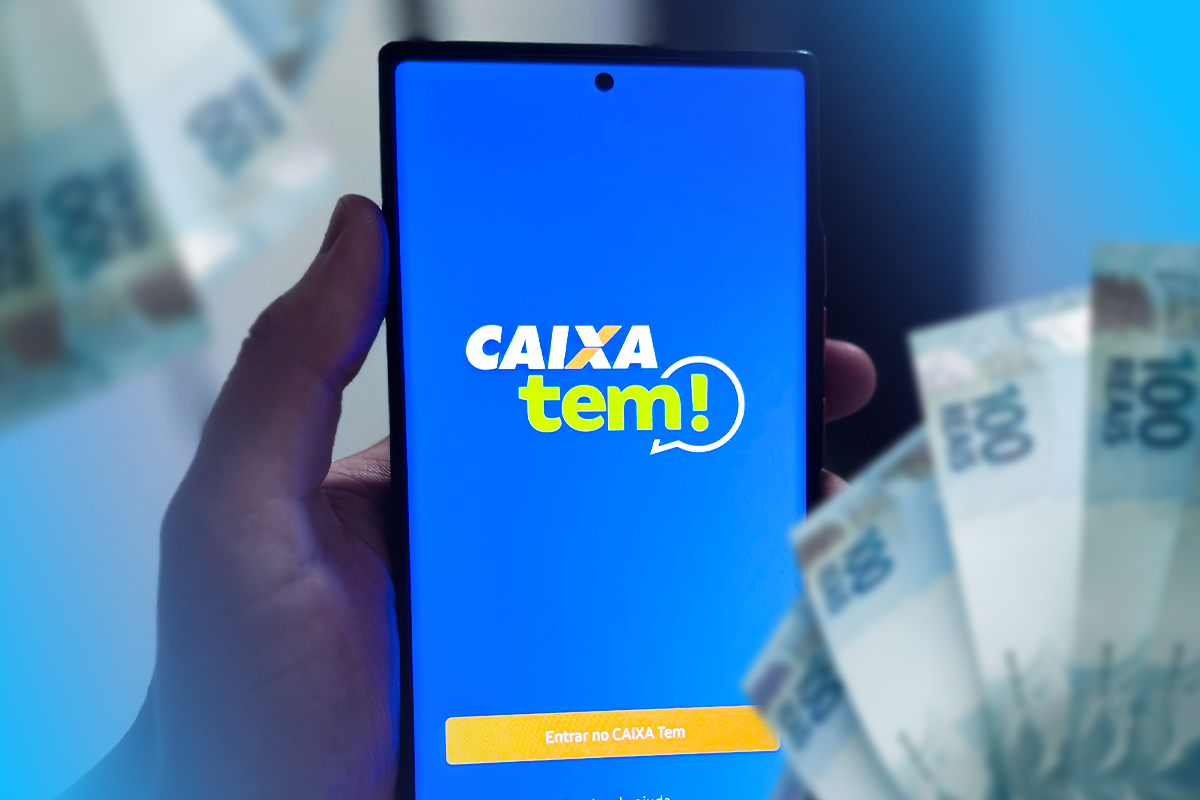 Tela inicial do aplicativo Caixa Tem com um celular na mão e notas de dinheiro ao fundo.