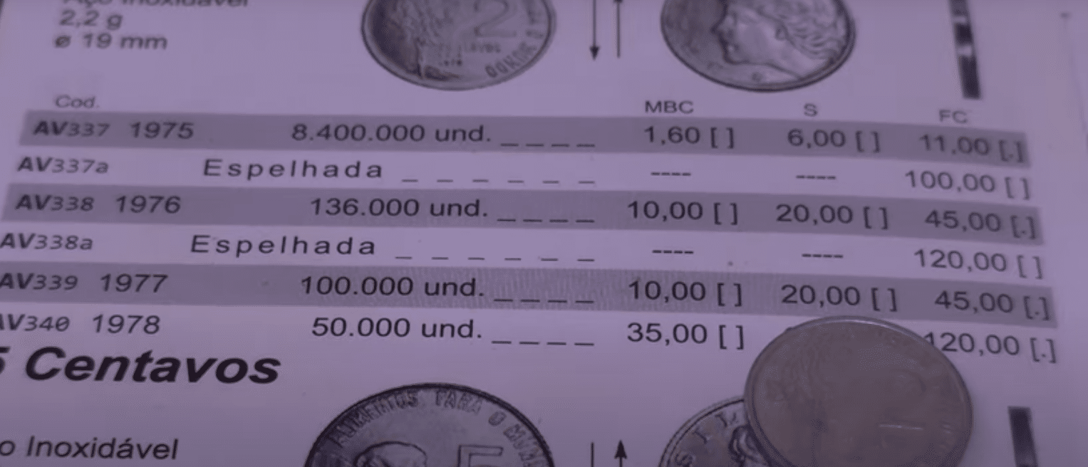 Tabela de valores da moeda de 2 centavos de 1977 no catálogo de numismática