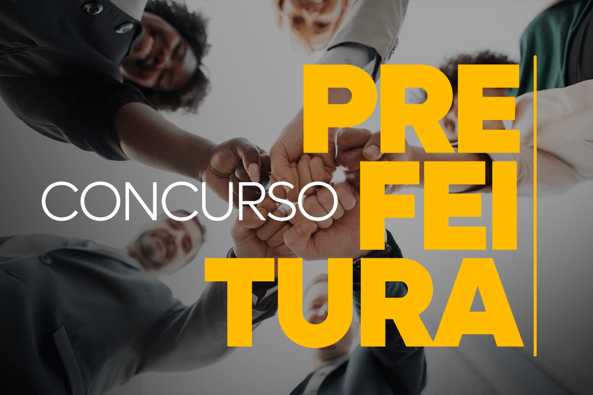 Marca "Concurso Prefeitura", ao fundo diversas mãos unidas. ao fundo,
