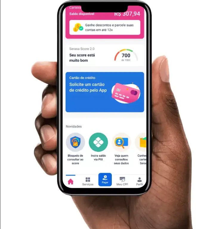 Tela do aplicativo Serasa Score exibida em smartphone.
