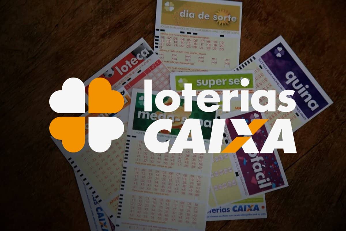 Volantes de apostas das Loterias Caixa com diferentes modalidades.