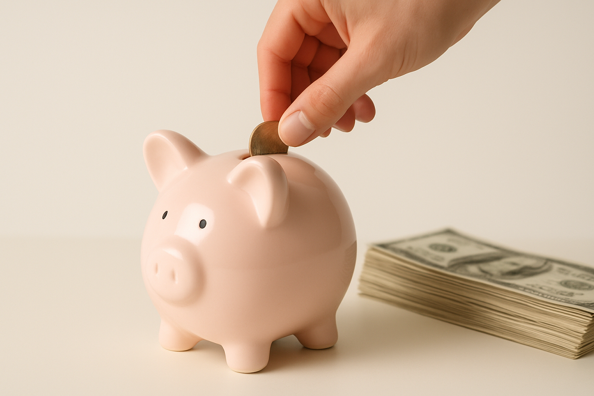 Pessoa colocando moeda em cofrinho de porcelana rosa, próximo a notas de dólar