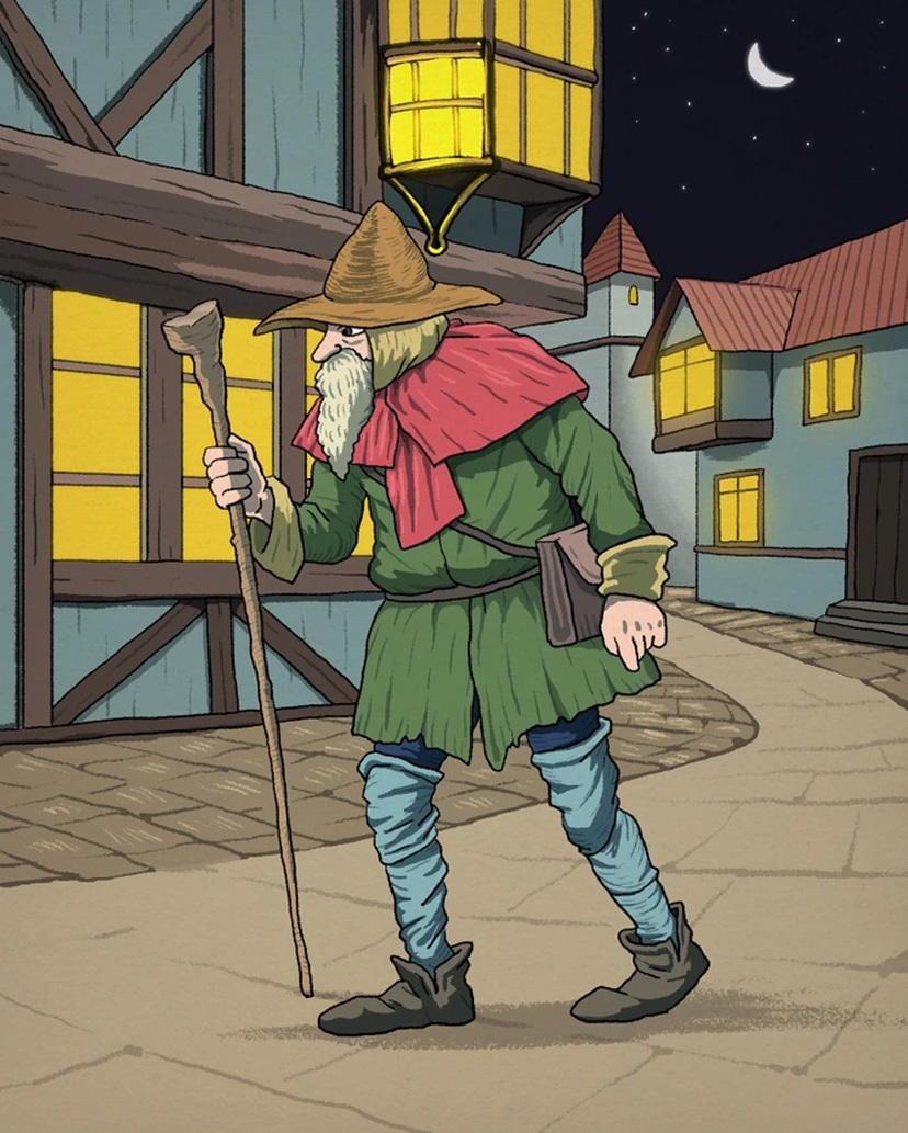 Teste de Percepção com um senhor de chapéu e cajado caminhando à noite em vila medieval iluminada