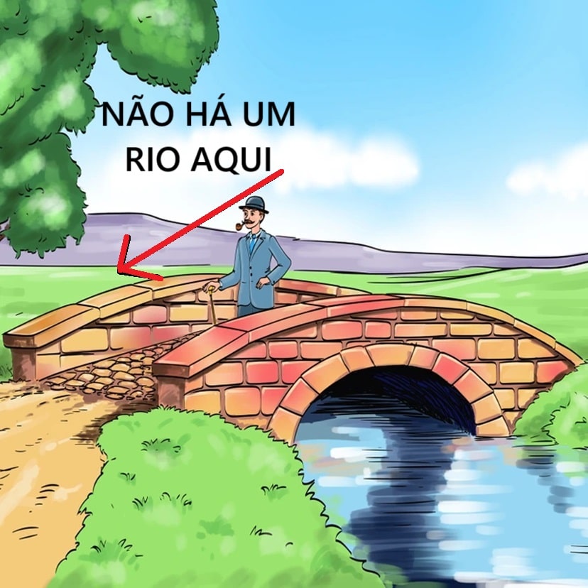 Desafio lógico com um homem de terno azul sobre ponte de pedra em cenário campestre com erro escondido