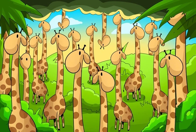 Desenho de girafas em meio à natureza com desafio visual escondido