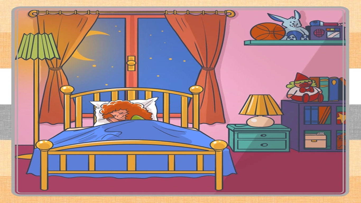 Desafio visual com uma criança dormindo em quarto colorido com brinquedos e objetos ao redor