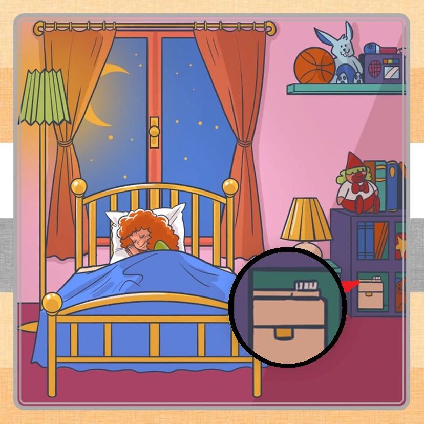 Desafio visual com uma criança dormindo em quarto colorido com brinquedos e objetos ao redor