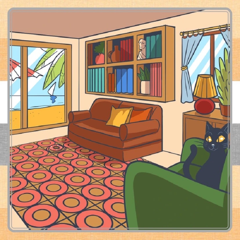 Desafio visual com interior de sala com móveis confortáveis, estante com livros coloridos e uma janela com vista para a praia e o mar.