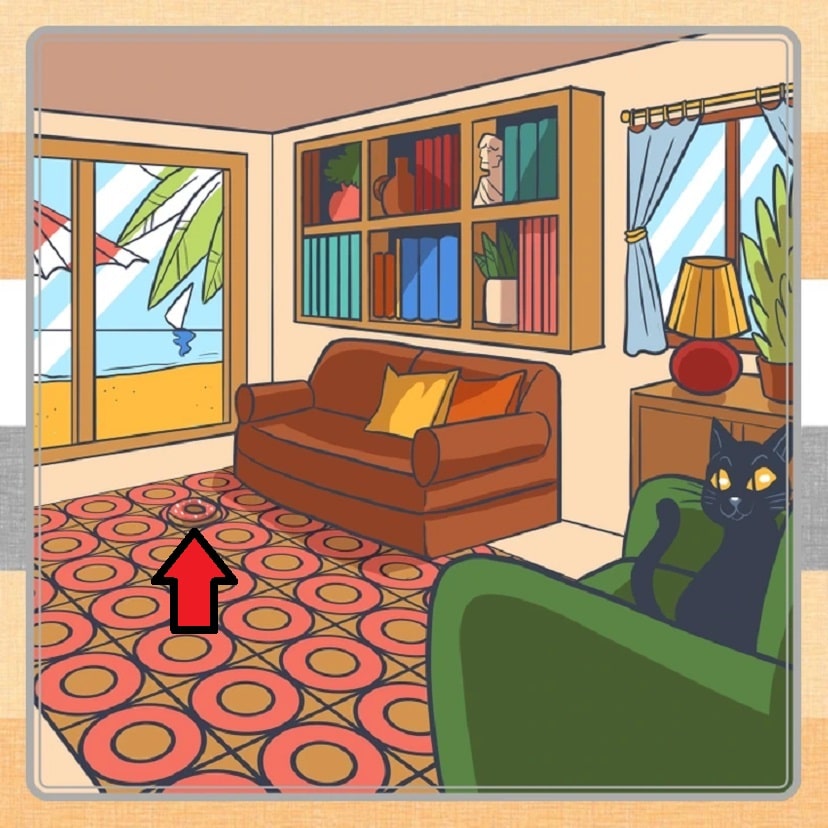 Desafio visual com interior de sala com móveis confortáveis, estante com livros coloridos e uma janela com vista para a praia e o mar.