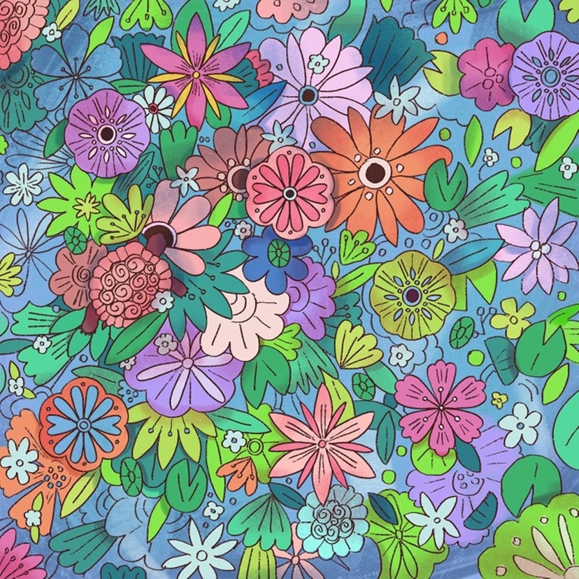 Desafio visual com uma ilustração colorida com flores variadas em tons vibrantes sobre fundo azul, com uma tartaruga escondida entre os elementos florais.