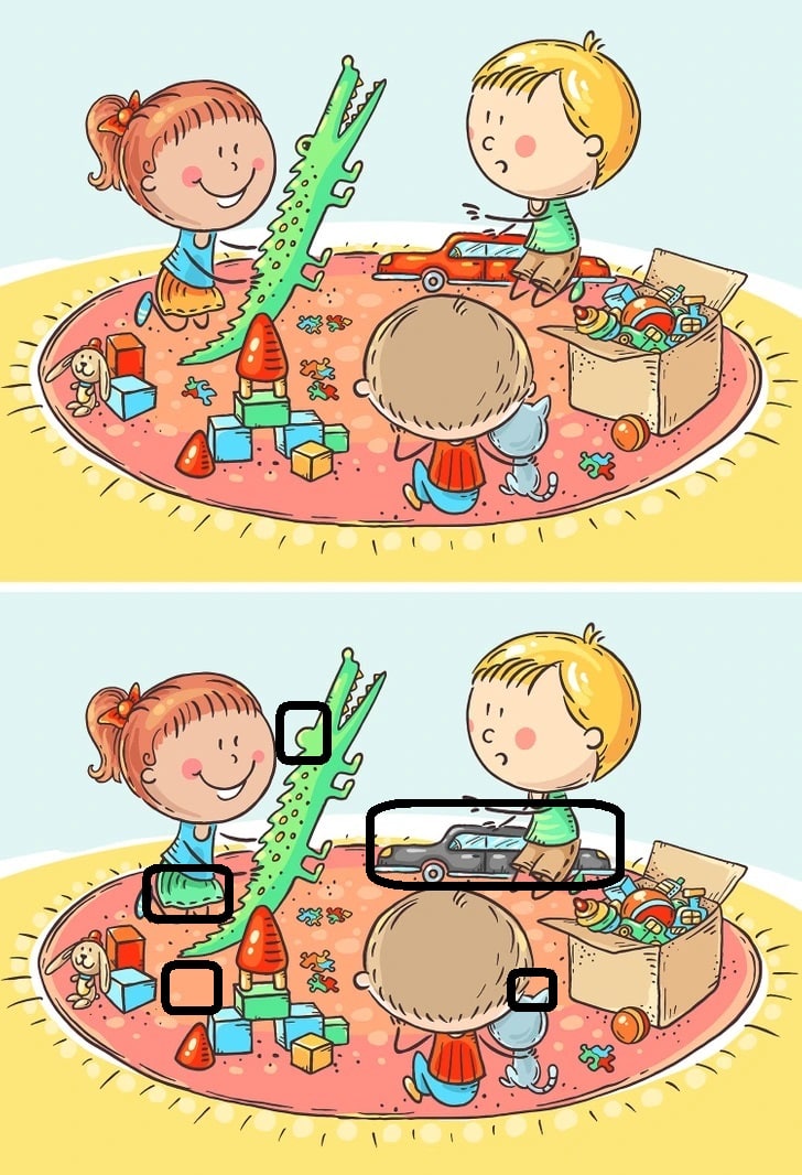 Desafio visual com crianças brincando em um tapete com brinquedos espalhados, parte de um desafio visual com diferenças entre duas imagens.
