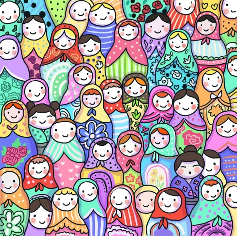 Desafio visual com desenho colorido com dezenas de bonecas no estilo matrioska com roupas e expressões variadas