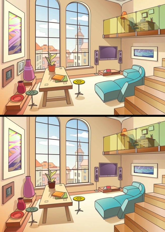 Desafio visual com uma imagem ilustrativa de uma sala de estar com dois andares e várias diferenças entre duas versões da cena.