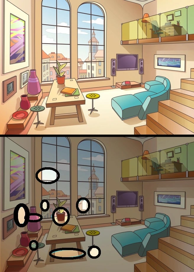Desafio visual com uma imagem ilustrativa de uma sala de estar com dois andares e várias diferenças entre duas versões da cena.