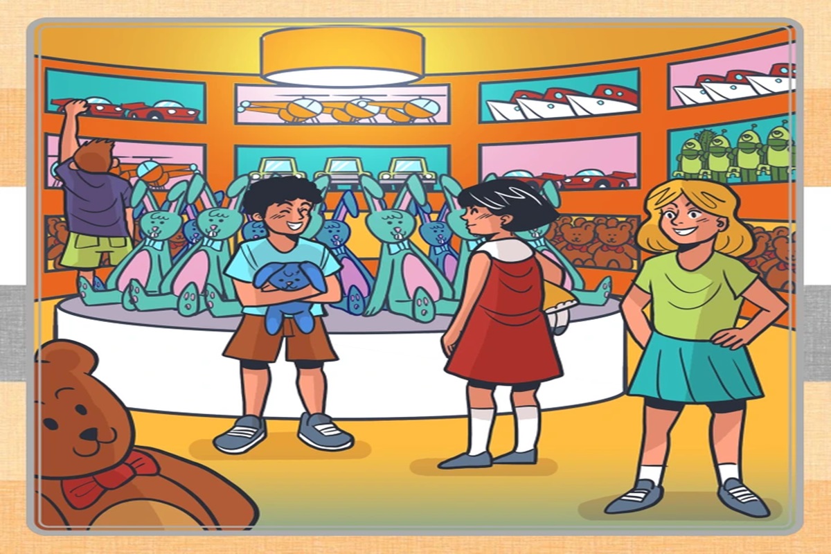 Desafio visual com crianças se divertem em uma loja de brinquedos cheia de pelúcias coloridas.
